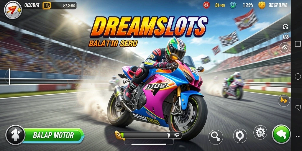 Screenshot DREAMSLOTS dengan tampilan balapan motor yang mengesankan.